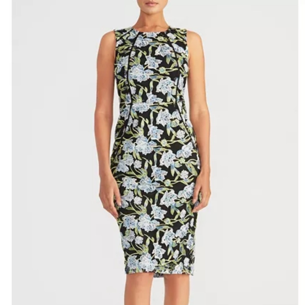Rachel Rachel Roy Blue Floral Embroidered Sheath Dress Mesh Overlay Size 2